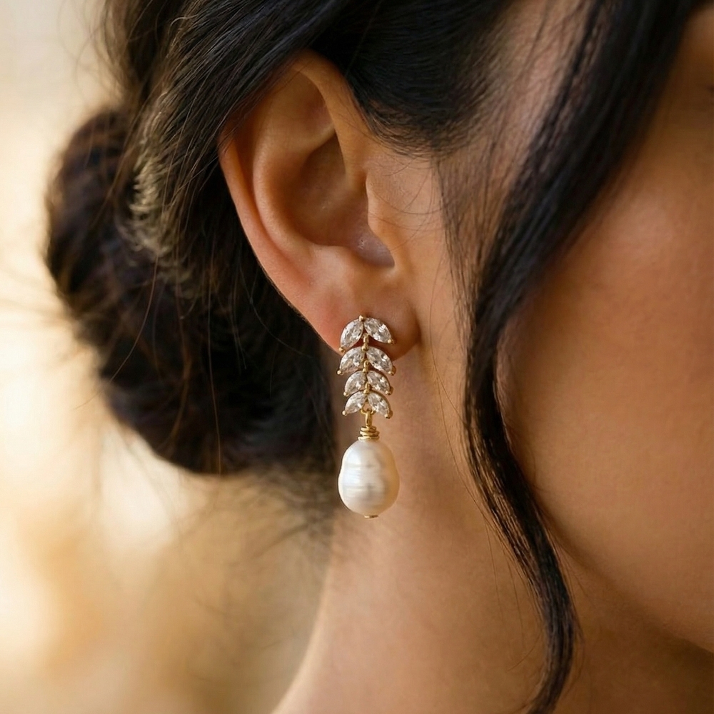 Elegant Gold Pearl Drop Earrings with Crystal Leaf Accents